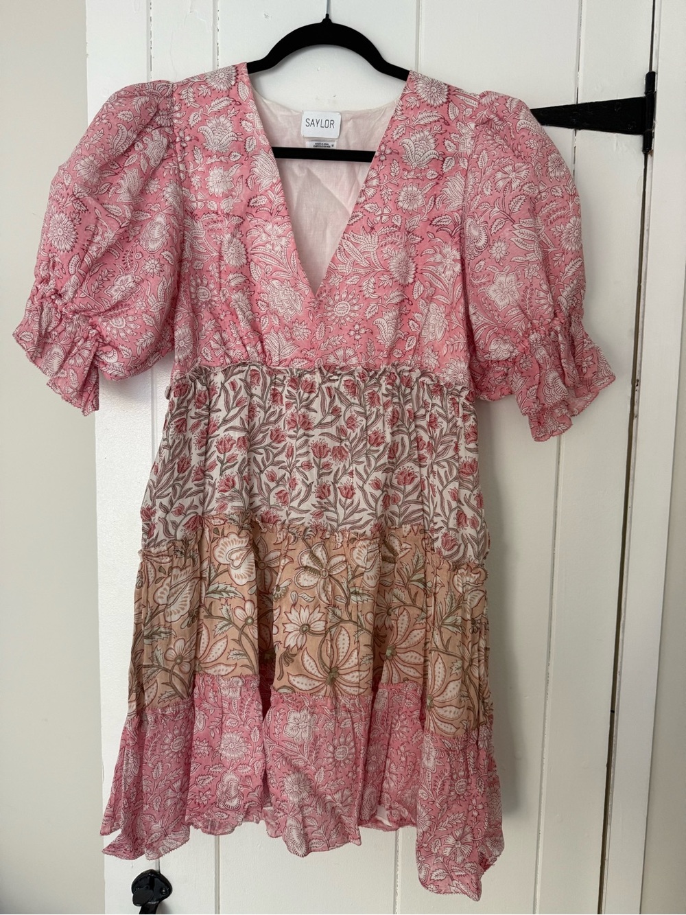 SAYLOR Pink, Tan & Cream Tiered Floral Mini Dress